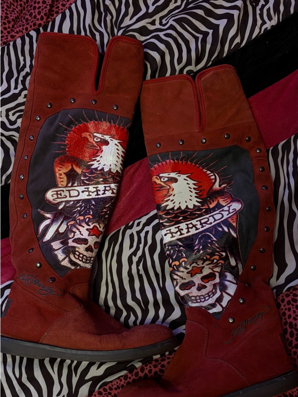 Ed Hardy Rust Red Suede Ankle Boot with Branded Patch